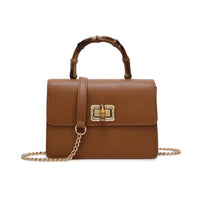Brown faux leather crossbody bag with bamboo-style top handle and front lock clasp