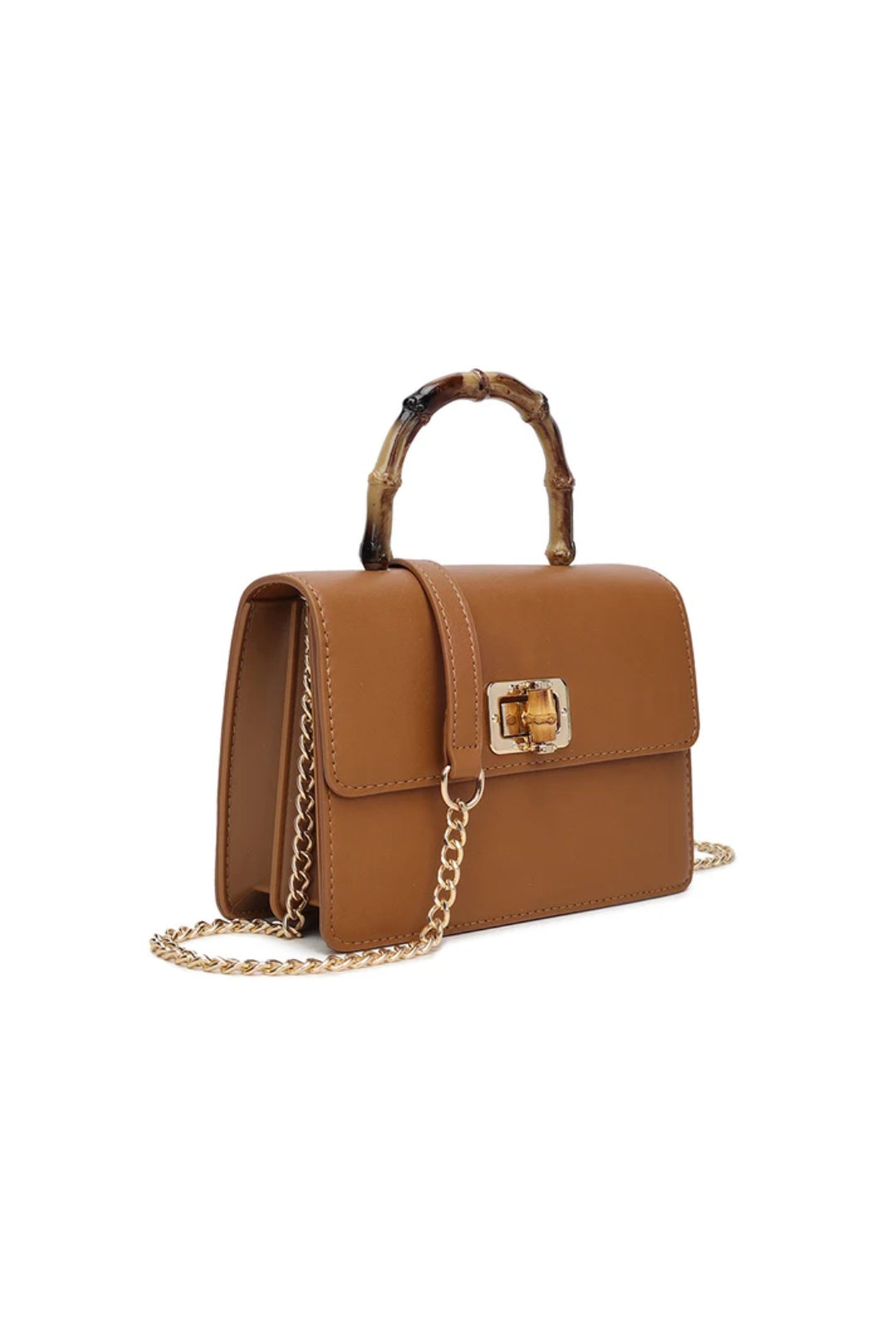 Brown faux leather crossbody bag, bamboo handle, chain strap, front lock closure