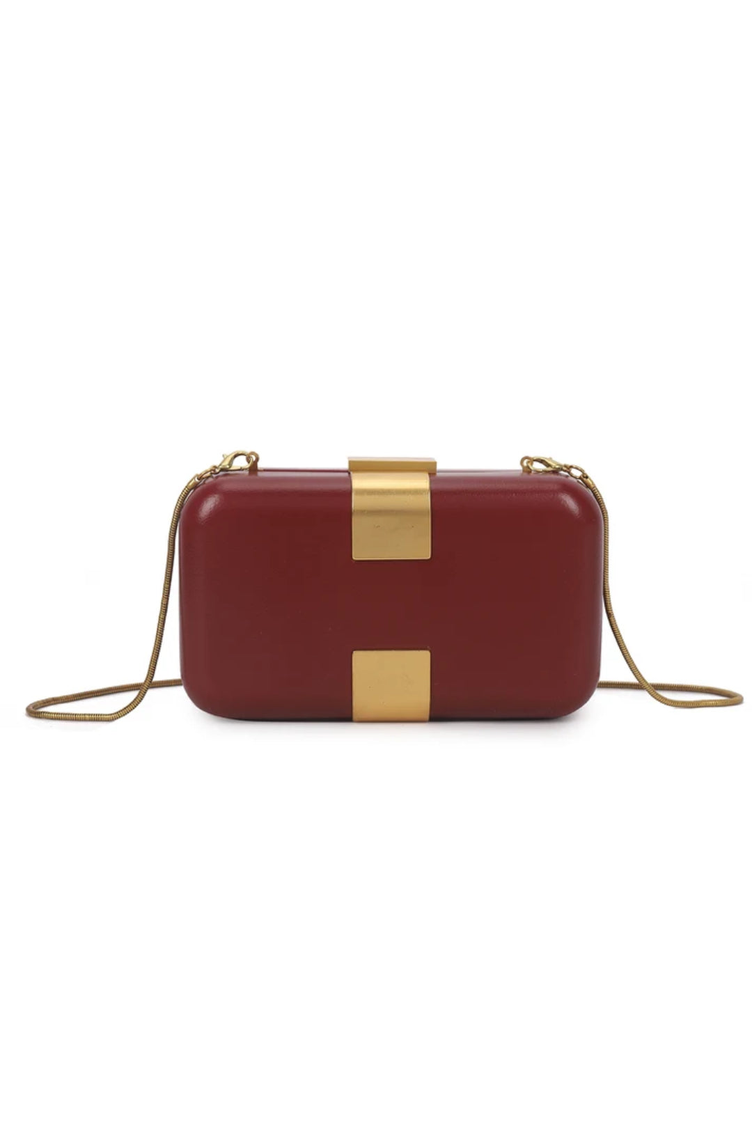 Burgundy evening clutch bag with gold-tone rectangular clasp and chain strap