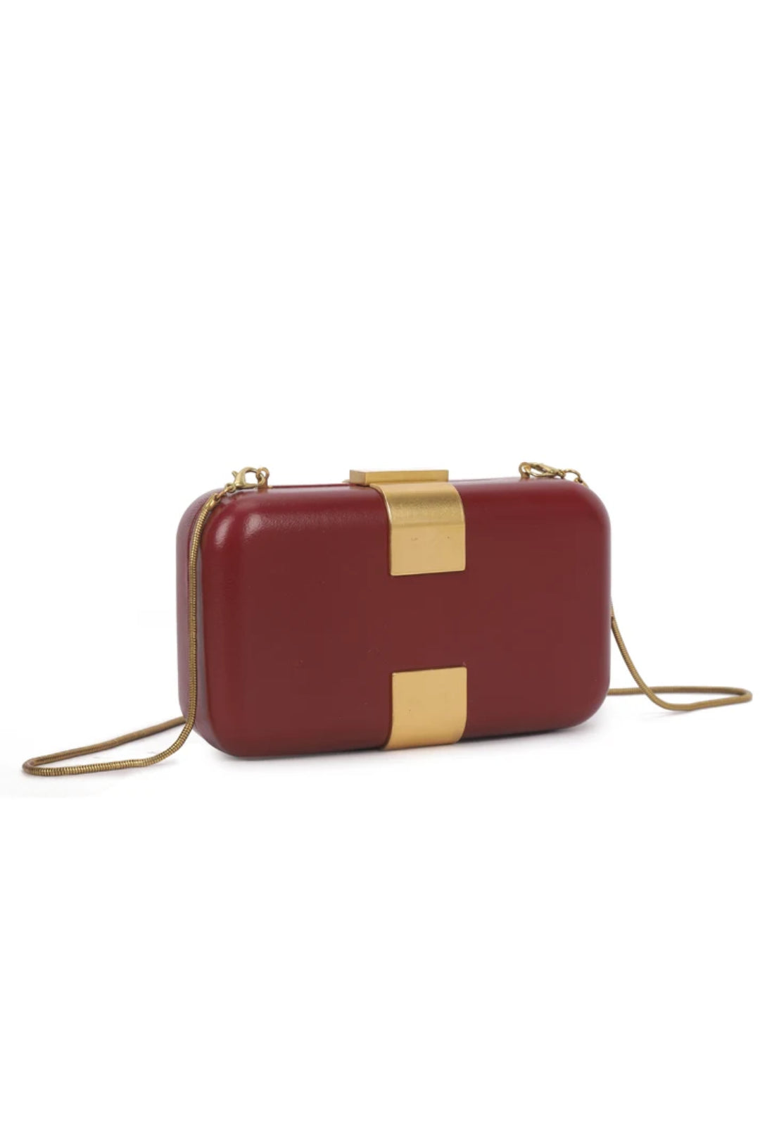 Burgundy evening clutch bag with gold-tone clasp and chain strap, side view