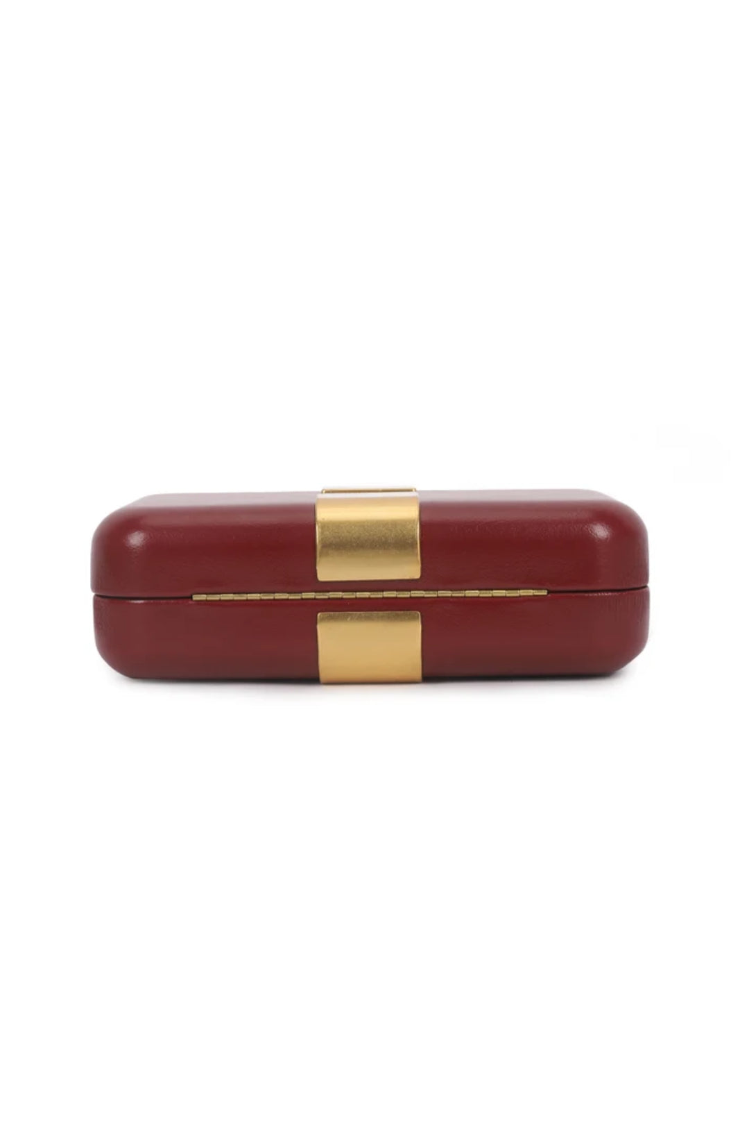 Burgundy evening clutch bag with gold-tone rectangular clasp on the top