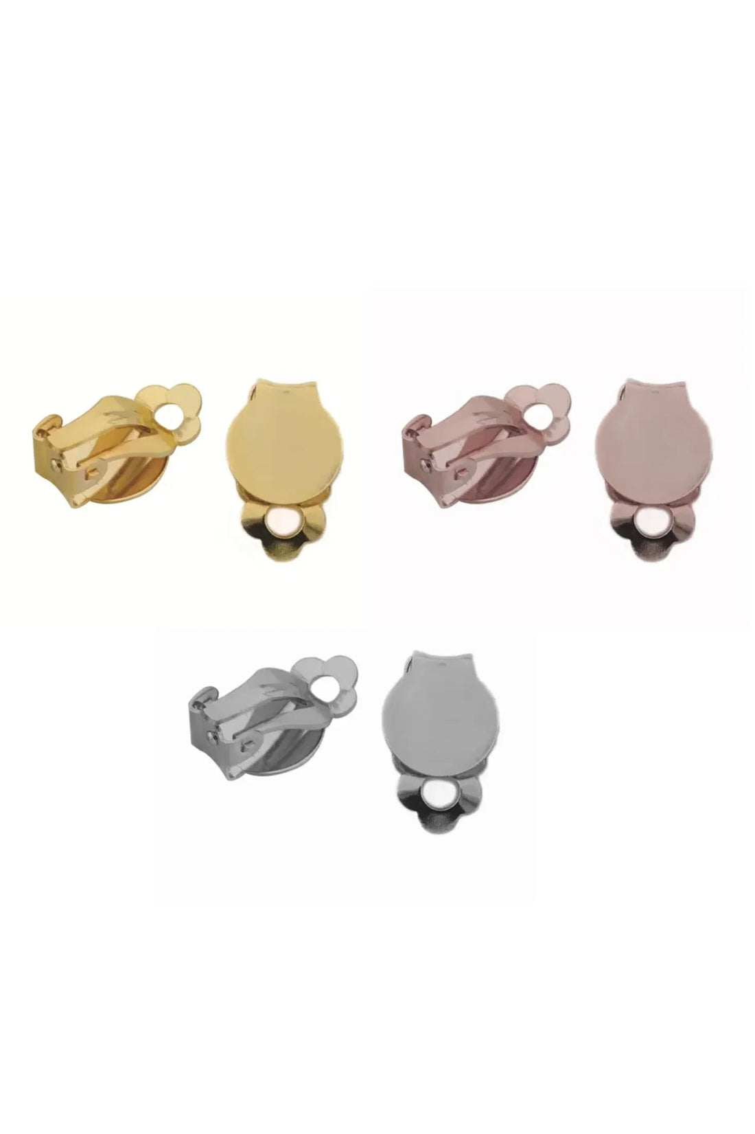 Set of clip-on flower stud earrings in gold, rose, pink, and silver-tone finishes