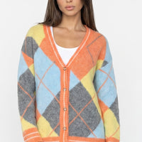 Orange Argyle Wool‑Blend Knit Cardigan-0