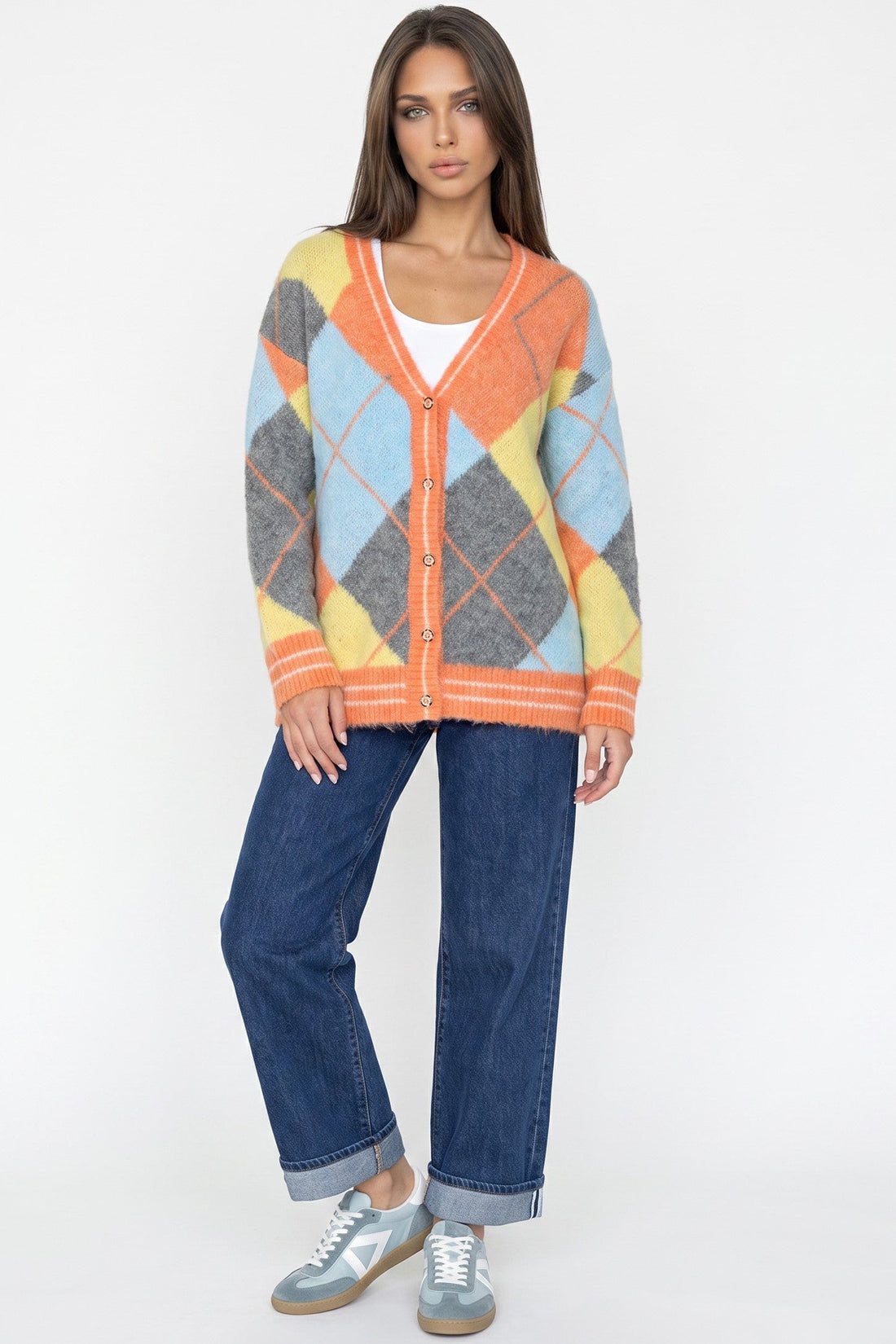 Orange Argyle Wool‑Blend Knit Cardigan-1