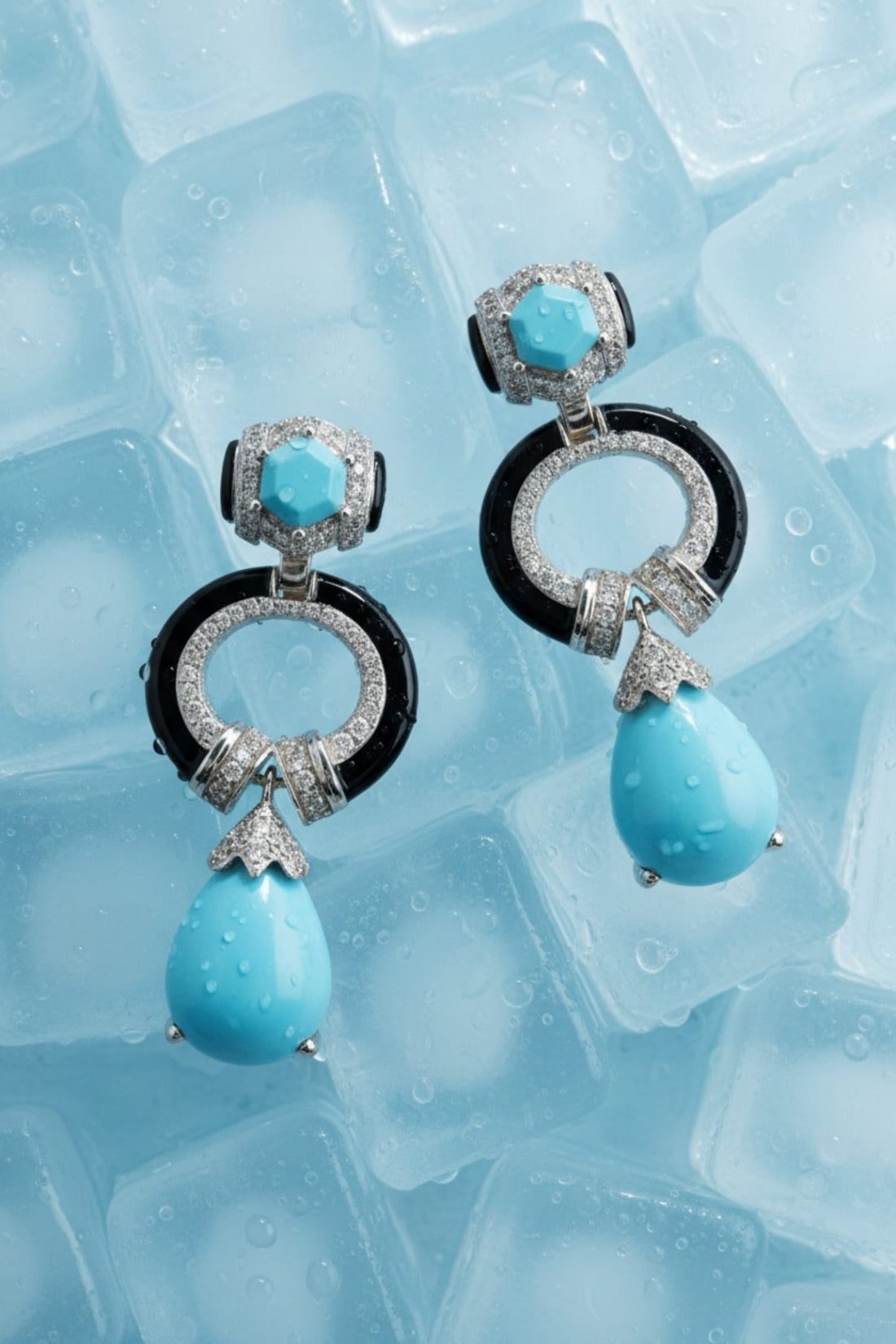 Turquoise enamel earrings with silver-tone black ring, crystal halo, teardrop drops