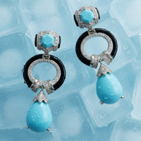 Turquoise enamel earrings with silver-tone black ring, crystal halo, teardrop drops