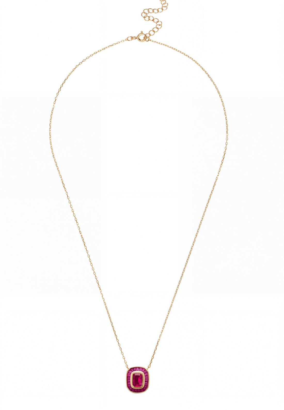 Gold chain necklace with small red square ruby pendant
