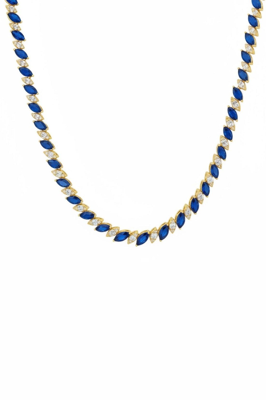 Gold tennis necklace with navy oval stones in a linked row