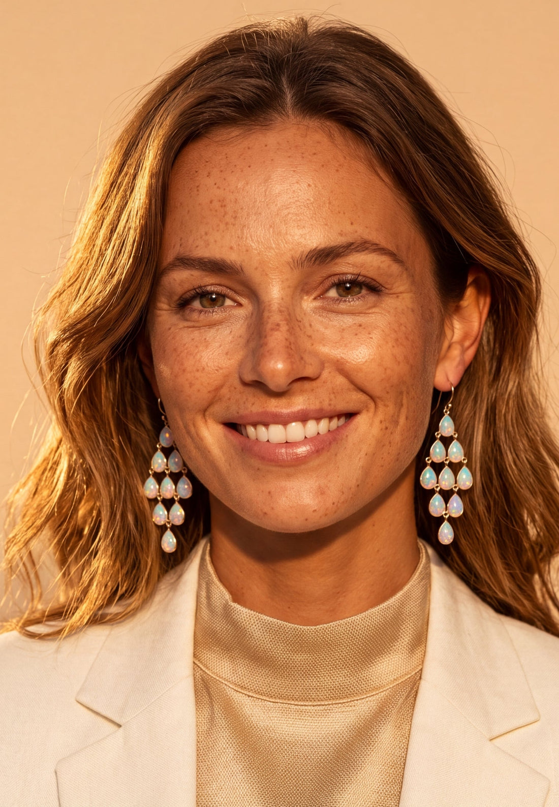 Silver opal teardrop chandelier drop earrings with dangling stones, shown on a model.
