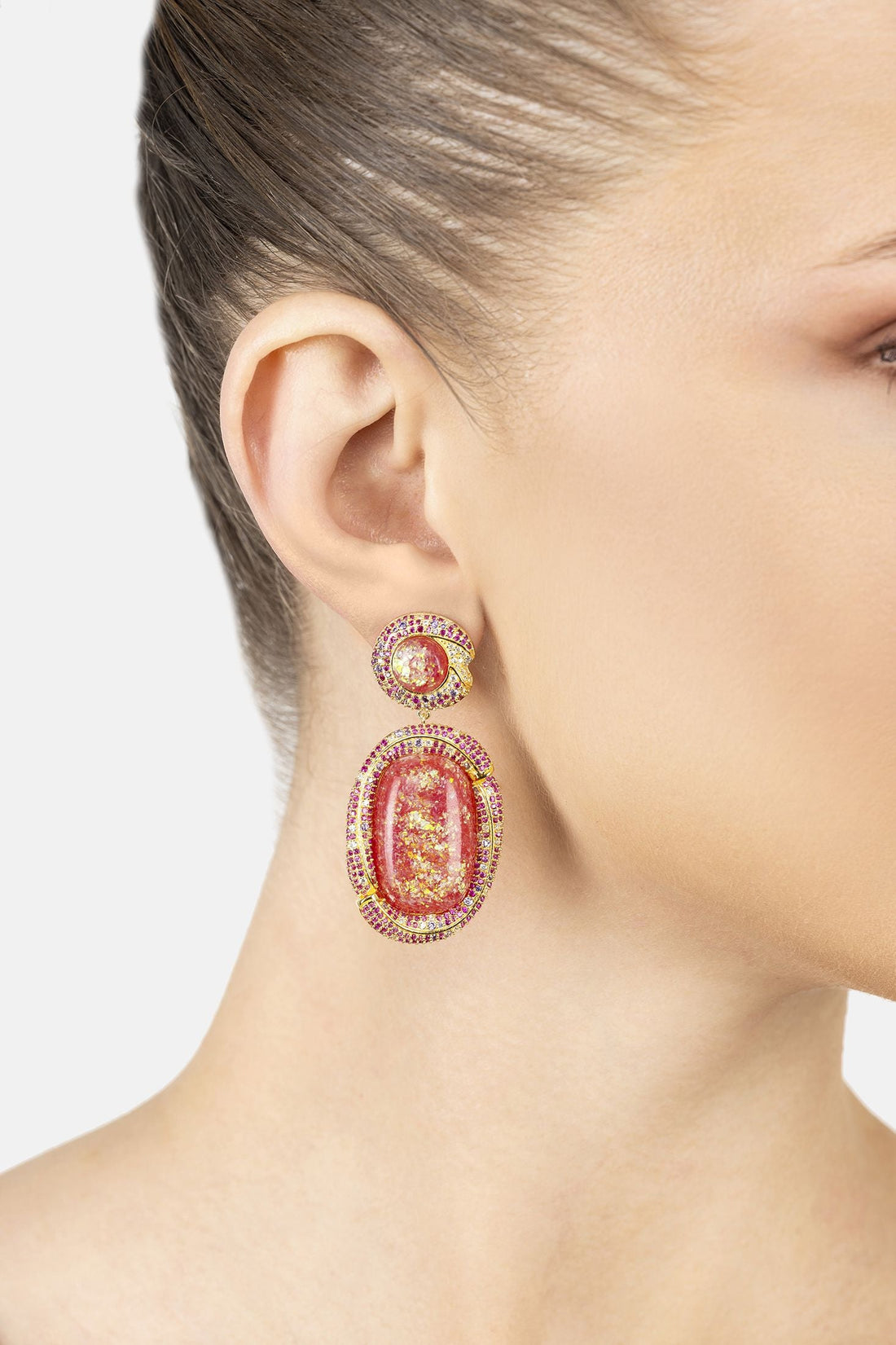 Fiorella pink opal drop earrings with gold and multicolor pavé accents