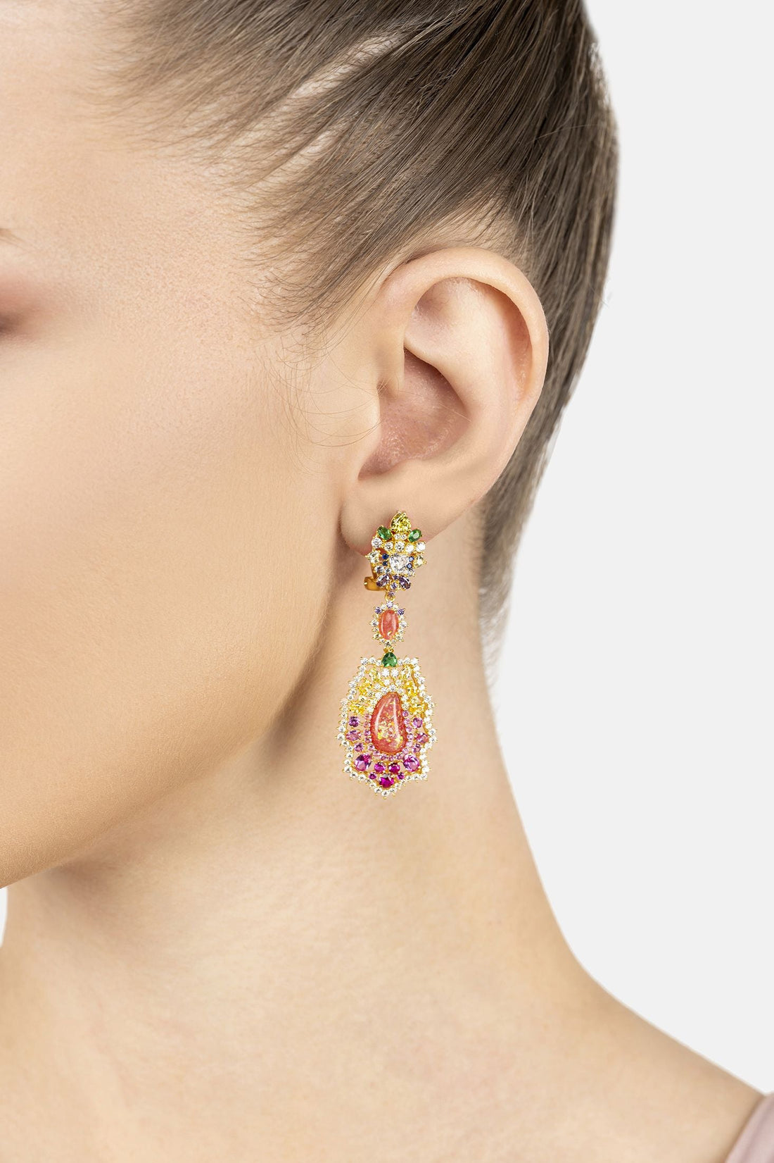 Gold-tone dangling earrings with multicolor oval, heart, and teardrop stones