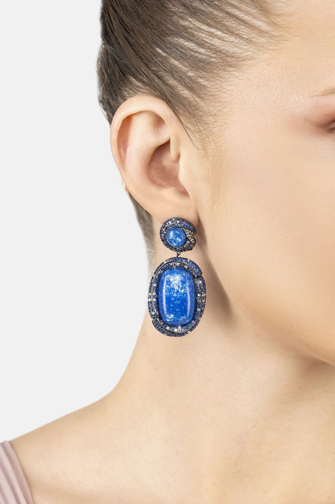 Fiorella blue opal drop earrings in oxidized silver