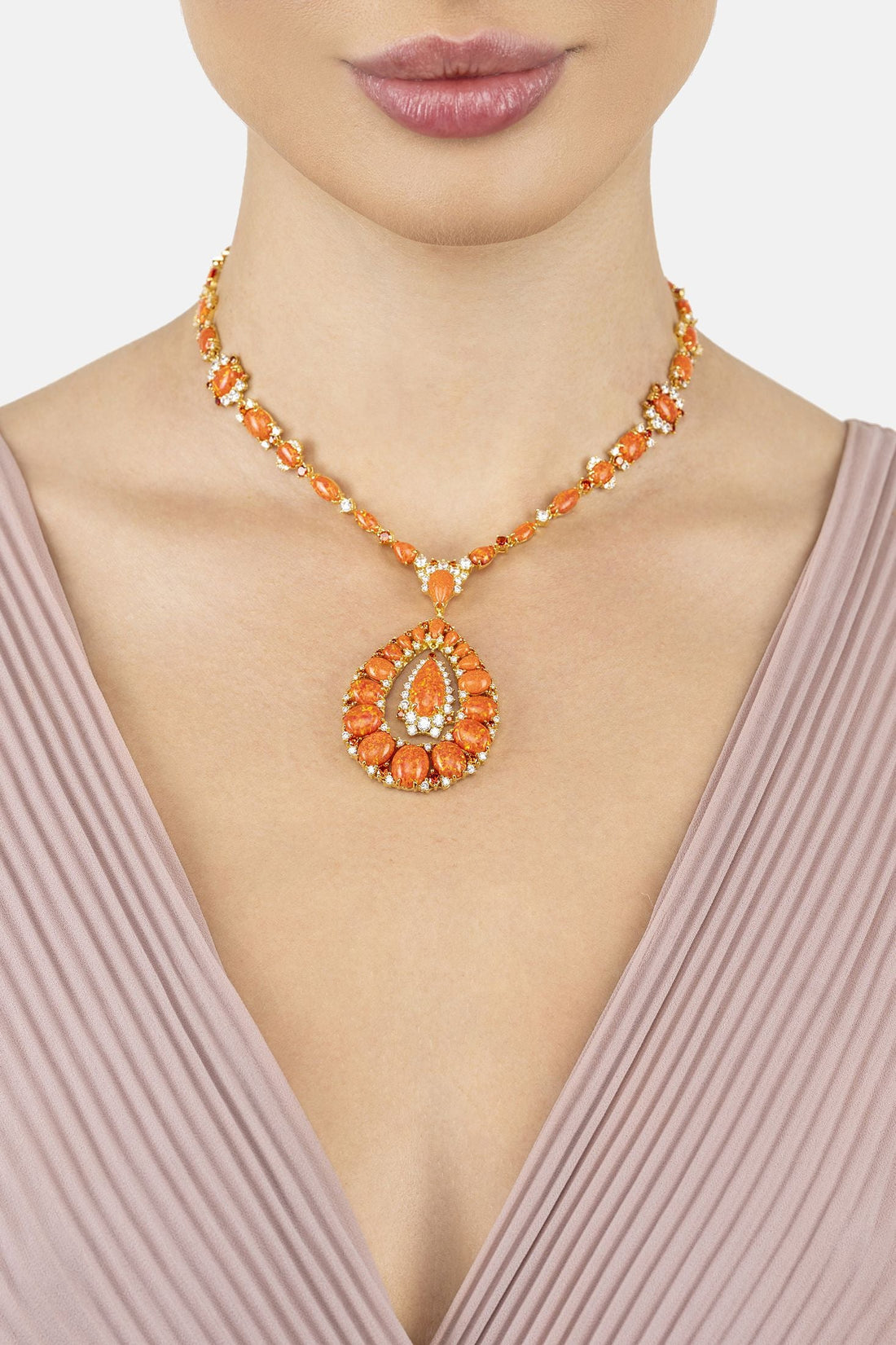 Gold statement necklace with orange fire opal teardrop pendant