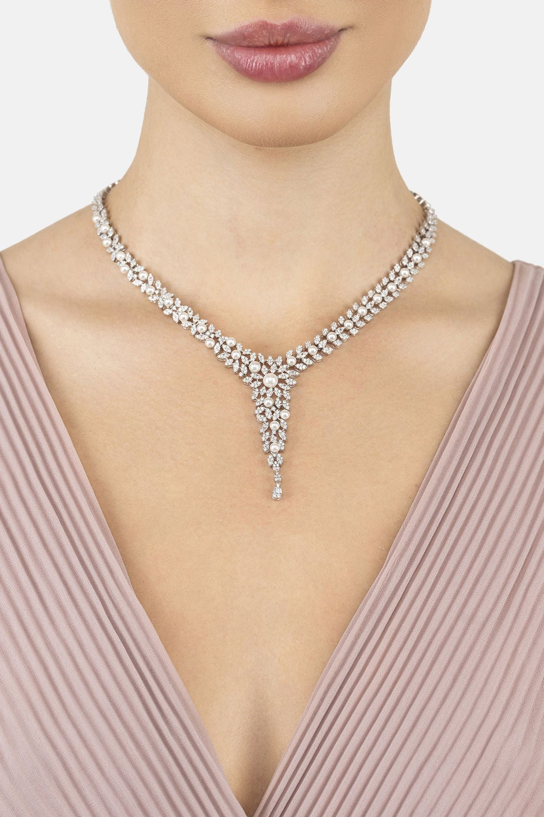 Silver rhinestone choker-style necklace with dangling teardrop centerpiece