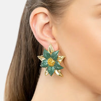 Emerald green flower stud earrings with gold leaves and yellow center