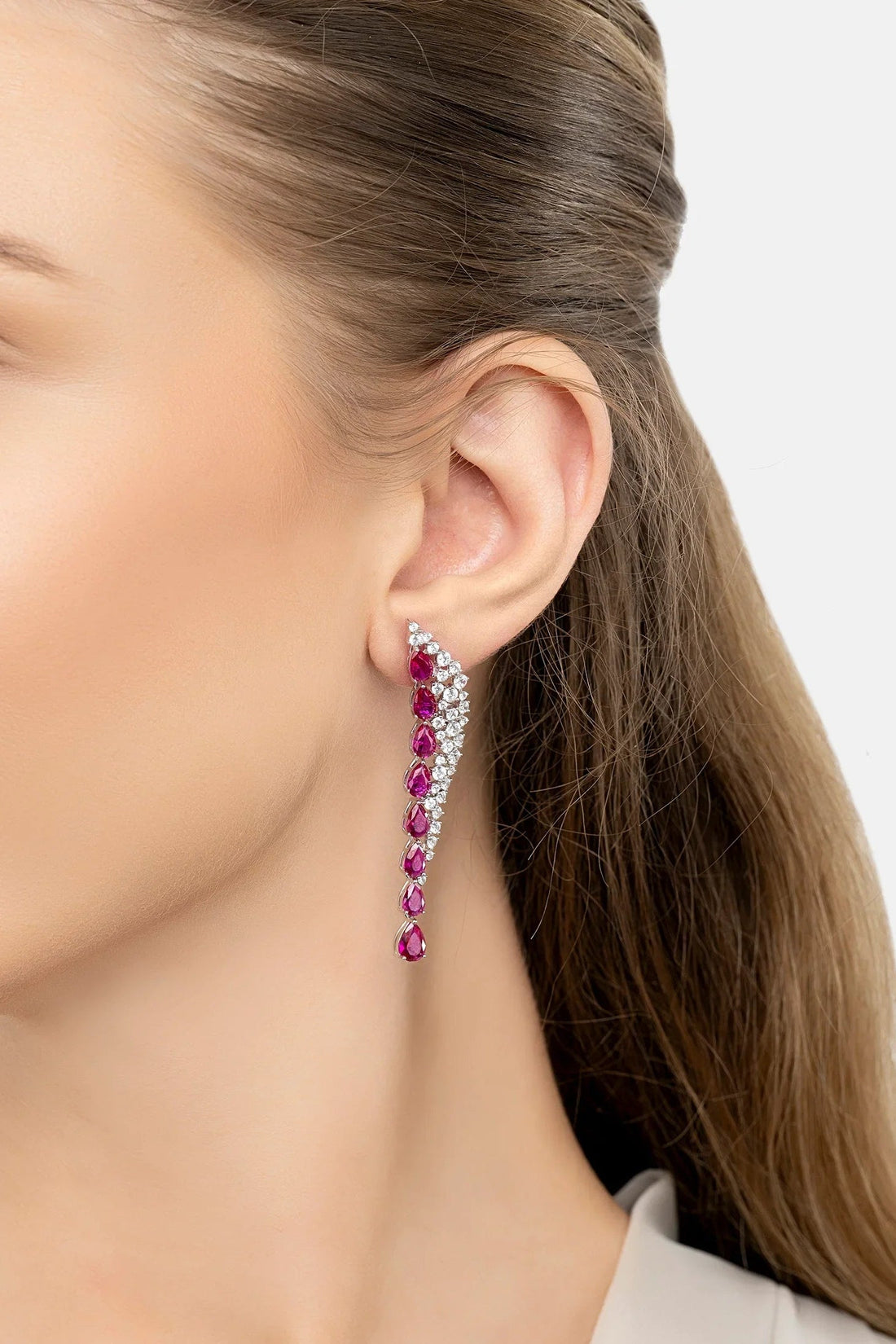 Ruby gemstone drop earrings: long silver drops with oval ruby stones