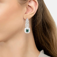 Countess gemstone drop earring with emerald center and silver crystal leaf design