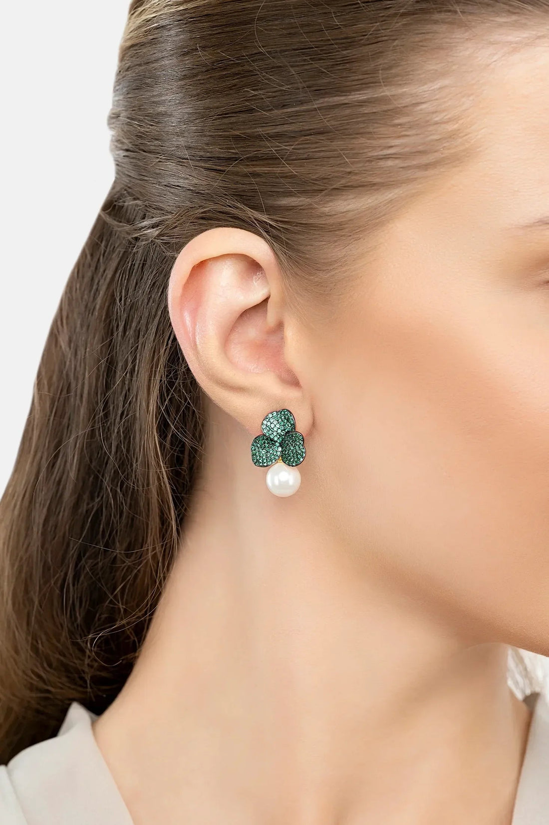 Iris Flower And Pearl Dangle Earrings Emerald Gold-1