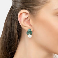 Iris Flower And Pearl Dangle Earrings Emerald Gold-1