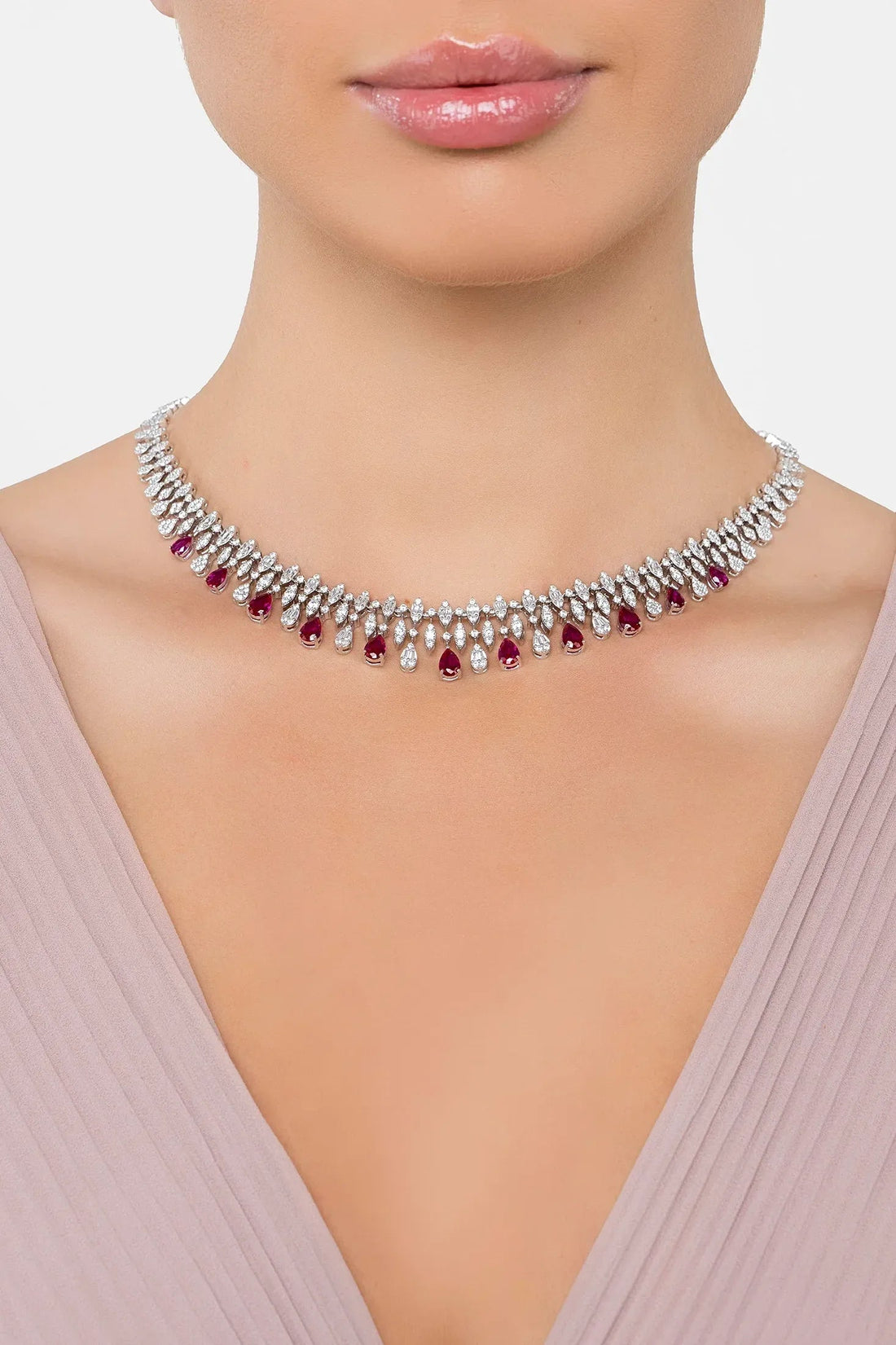 Purple and silver rhinestone choker necklace with teardrop drop accents.
