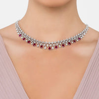 Purple and silver rhinestone choker necklace with teardrop drop accents.