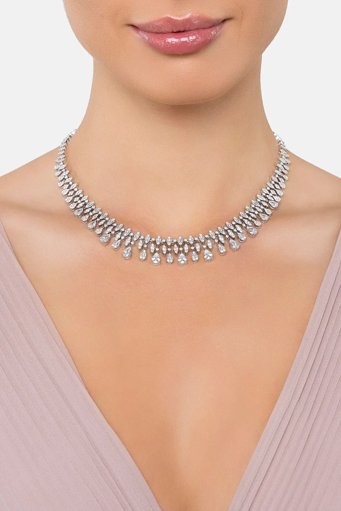 Silver crystal choker necklace with teardrop links and central drop detail