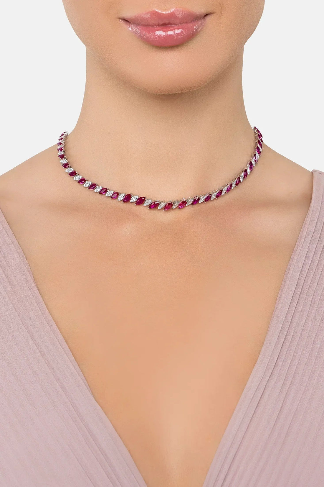 Statement tennis necklace with purple gemstone oval links on neckline, silver-toned