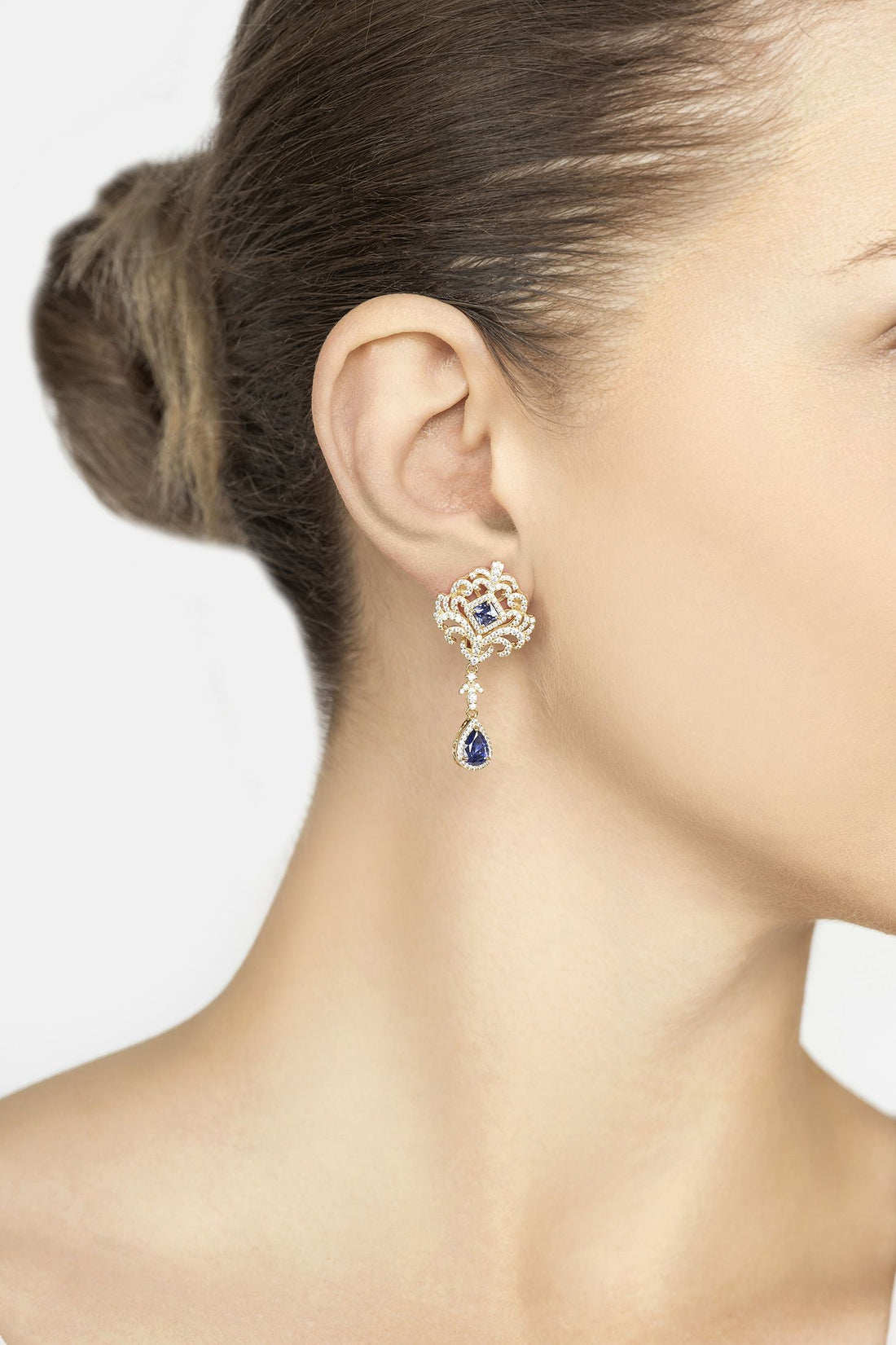 Gold ear-drop earrings with blue teardrop gemstone and small pave accents