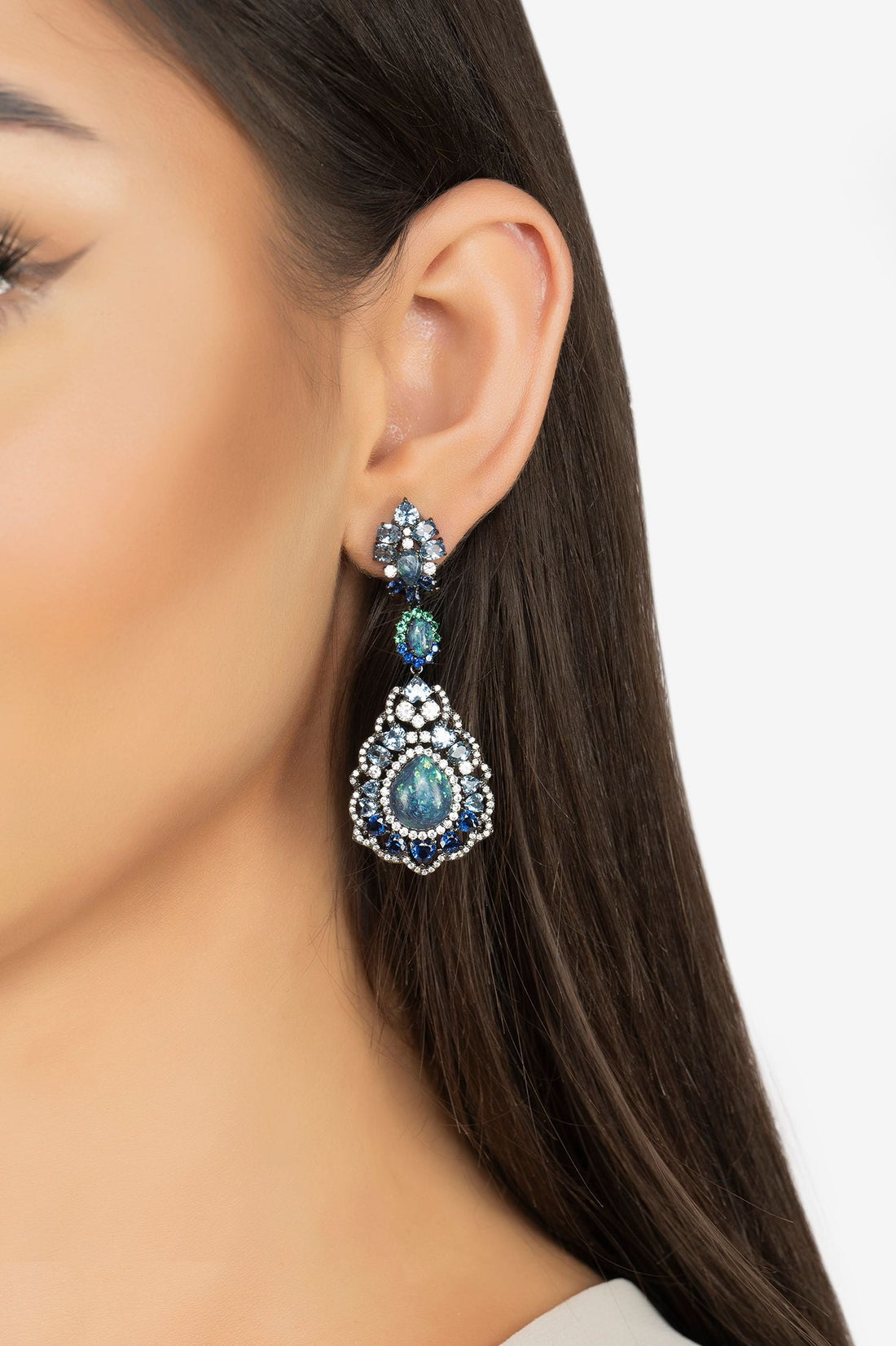 Teardrop blue and green opal stud drop earrings with silver-tone detailing