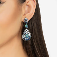 Teardrop blue and green opal stud drop earrings with silver-tone detailing