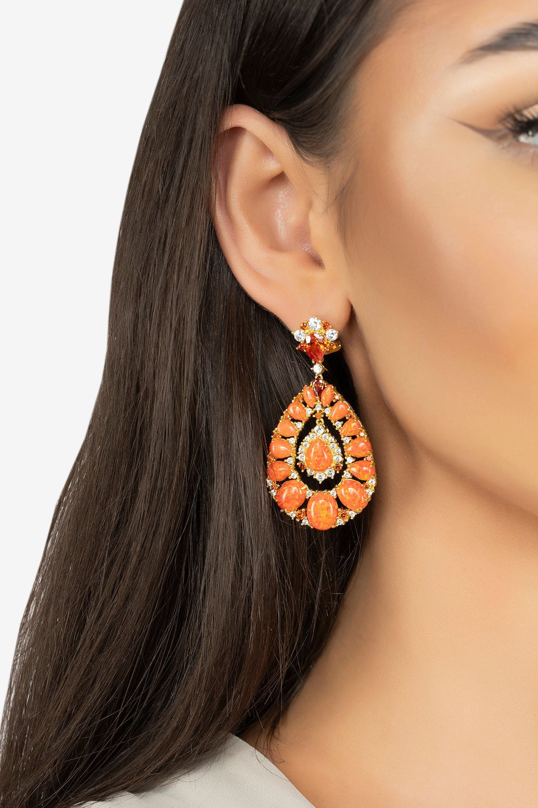 Gold fire opal teardrop drop earrings with orange floral stones and clear crystals