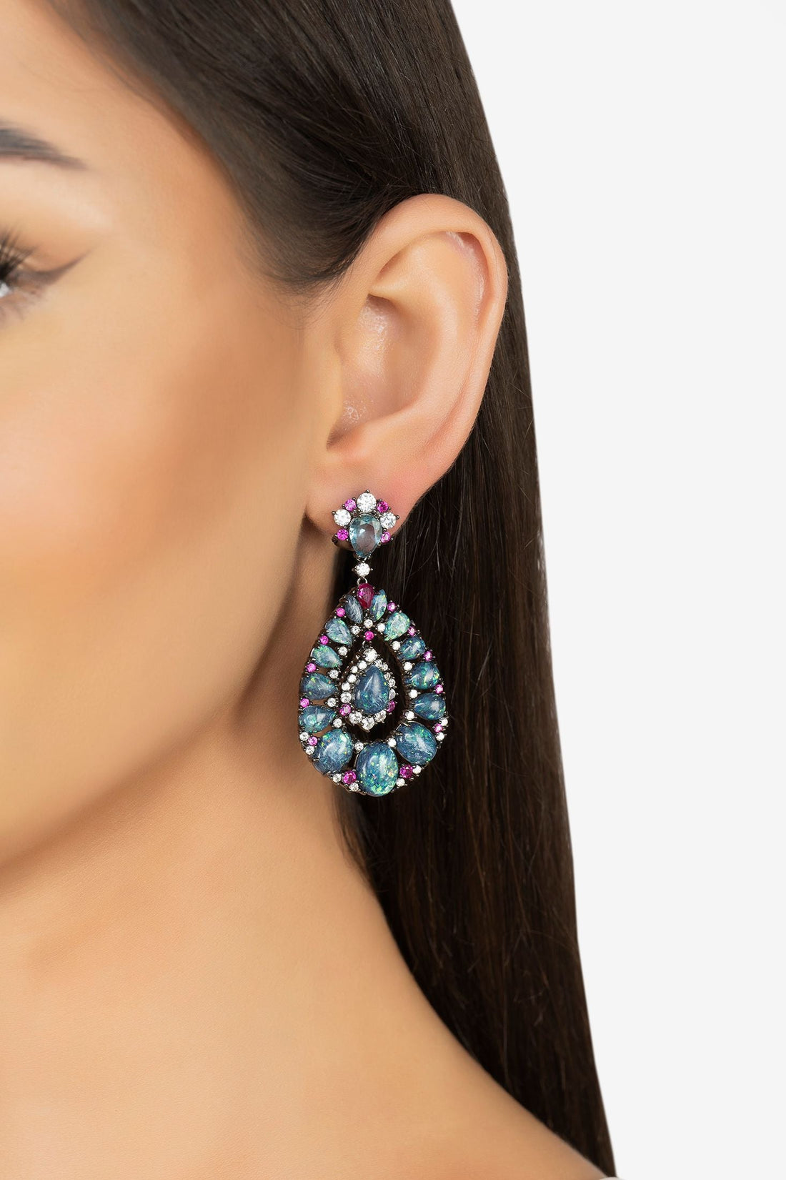 Oxidized silver drop earrings with blue opal teardrop and purple gem clusters