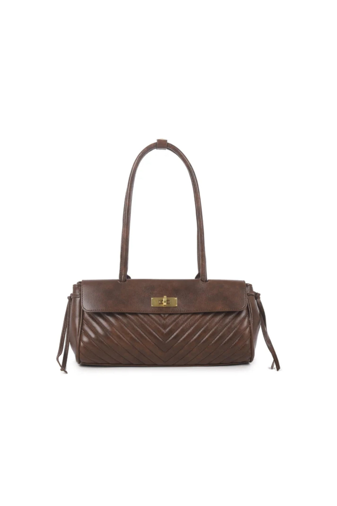 Quilted faux leather shoulder bag, dark brown with top handles and gold clasp
