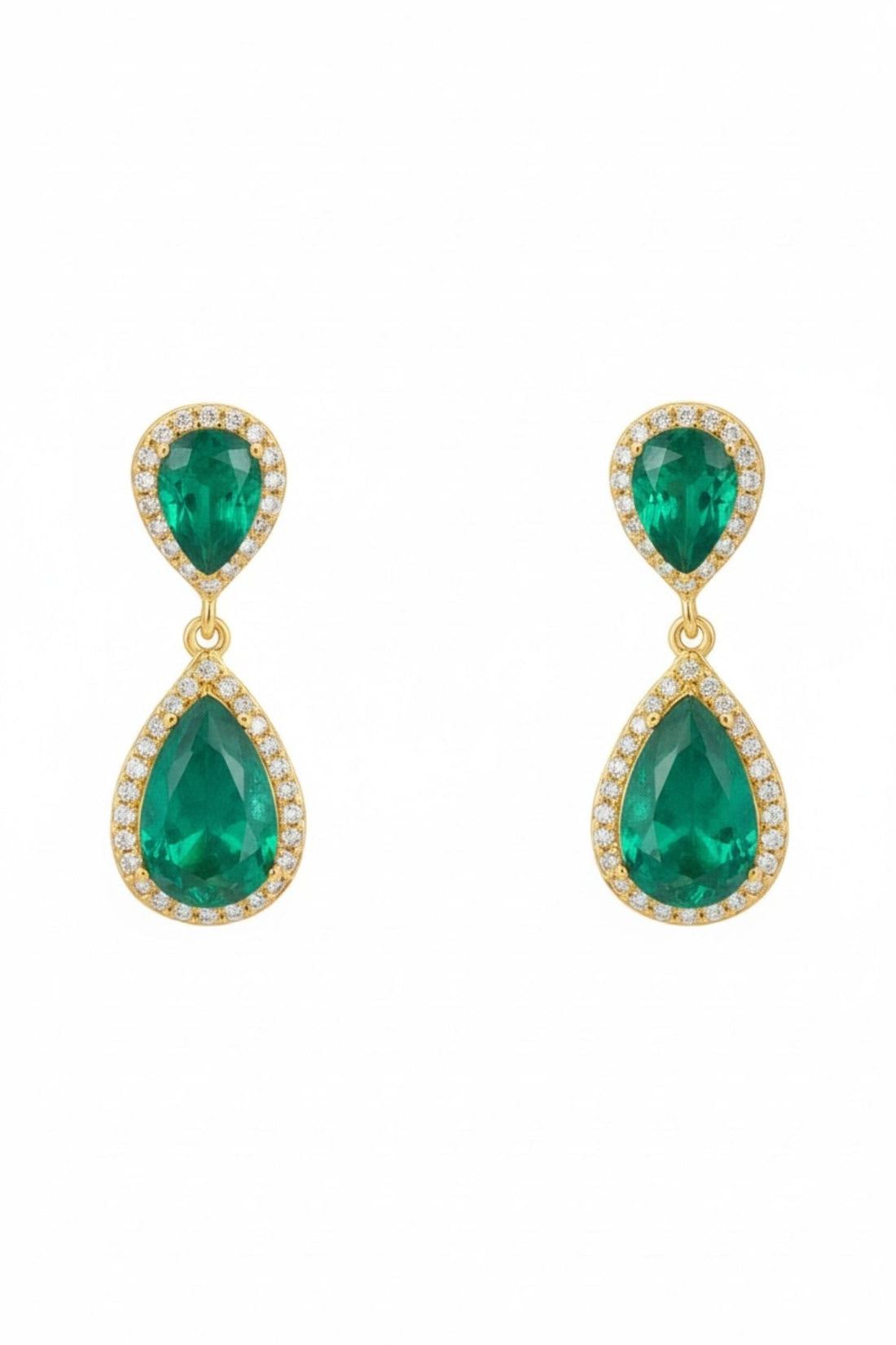 Gold teardrop earrings with two emerald-green stones and halo of crystal details