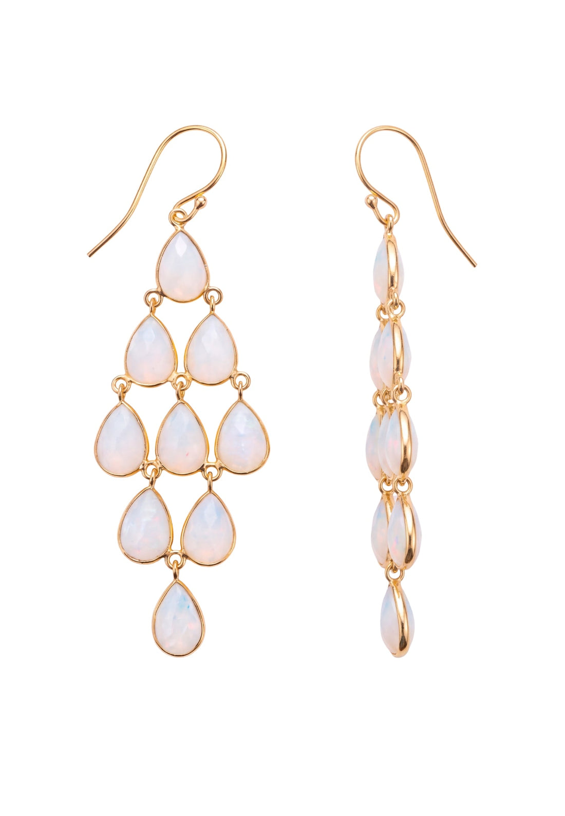 Gold-tone opal teardrop cascade earrings, side view