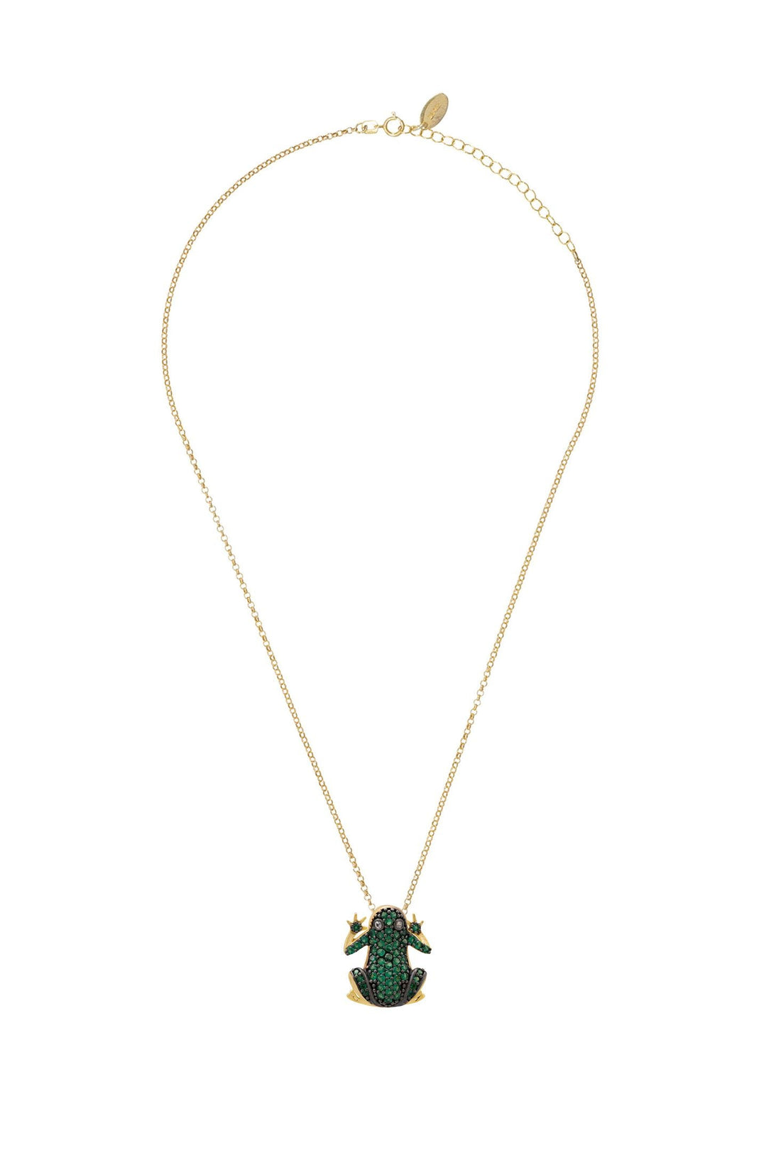 Gold chain necklace with small green frog pendant