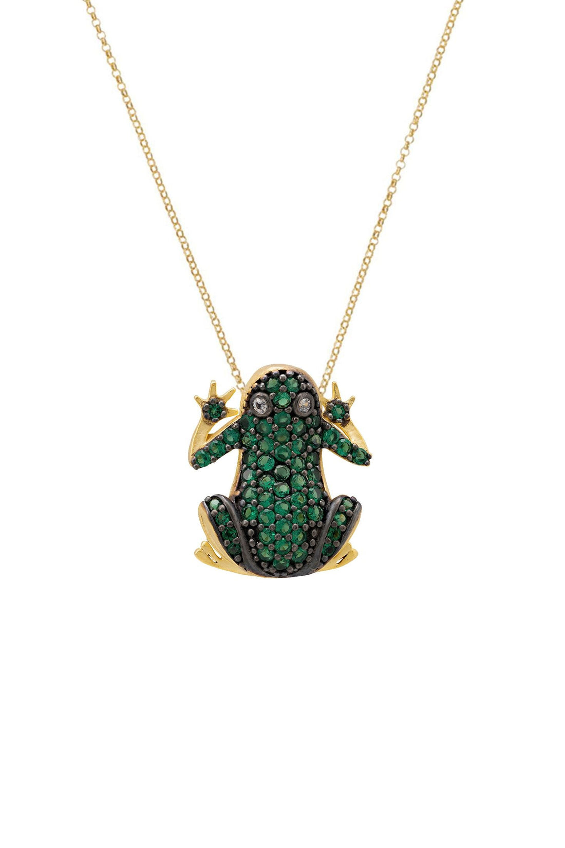 Gold frog pendant necklace with green gem-like enamel and beaded details