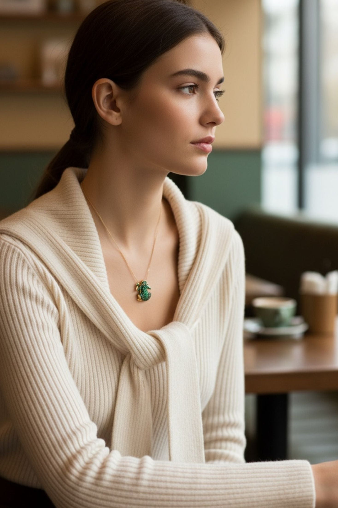 Gold frog pendant necklace on model with green gem-like detail