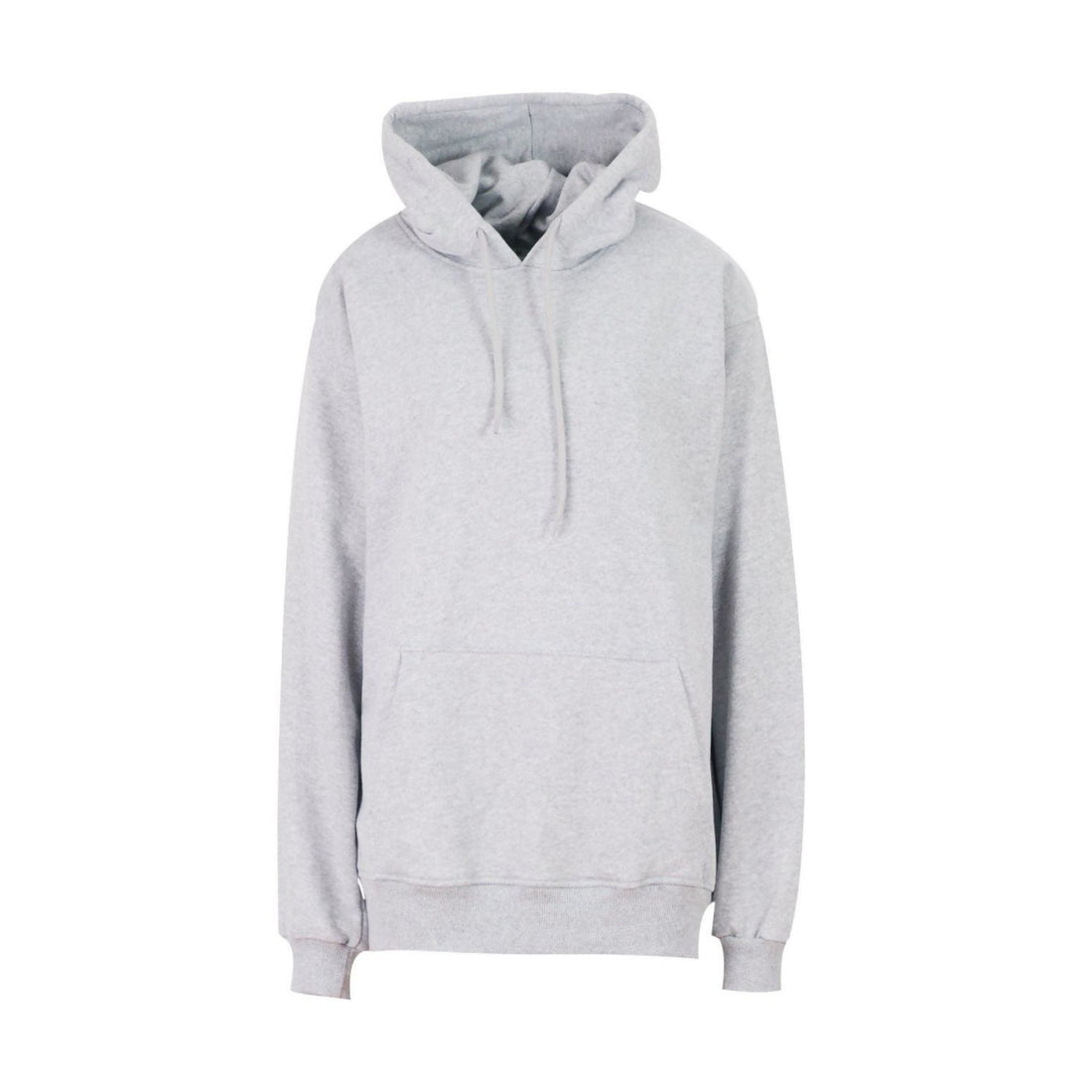 Light grey pullover hoodie with attached hood, drawstring, and front pocket