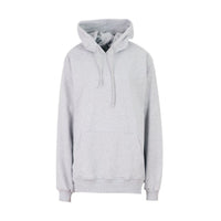 Light grey pullover hoodie with attached hood, drawstring, and front pocket