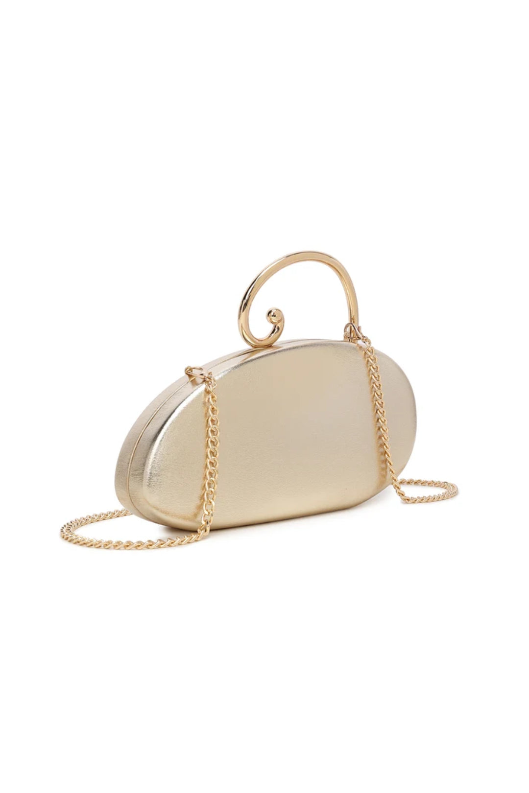 Gold-tone asymmetric clutch bag with chain strap and curved spiral top handle