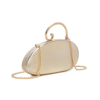 Gold-tone asymmetric clutch bag with chain strap and curved spiral top handle