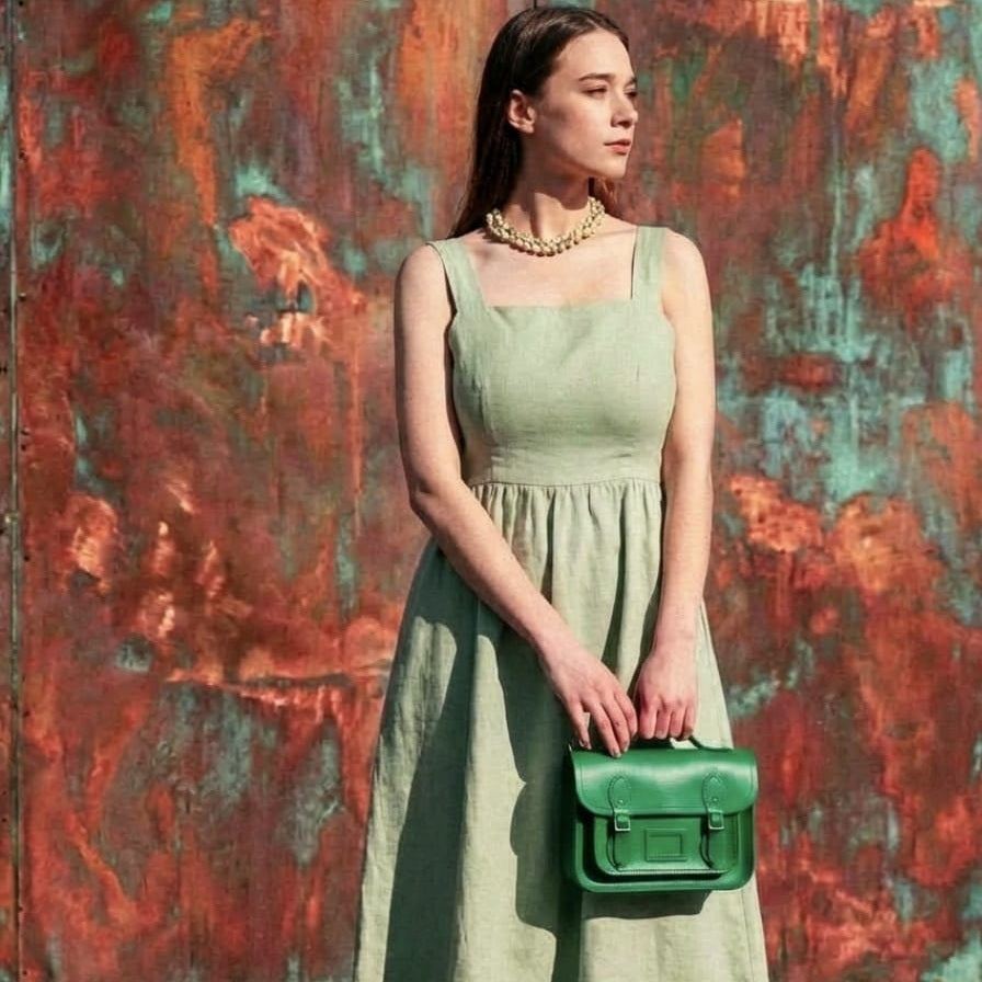 Leather Midi Satchel - Green-1