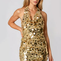 Gold sequin halter neck mini dress with open back, sleeveless V neckline