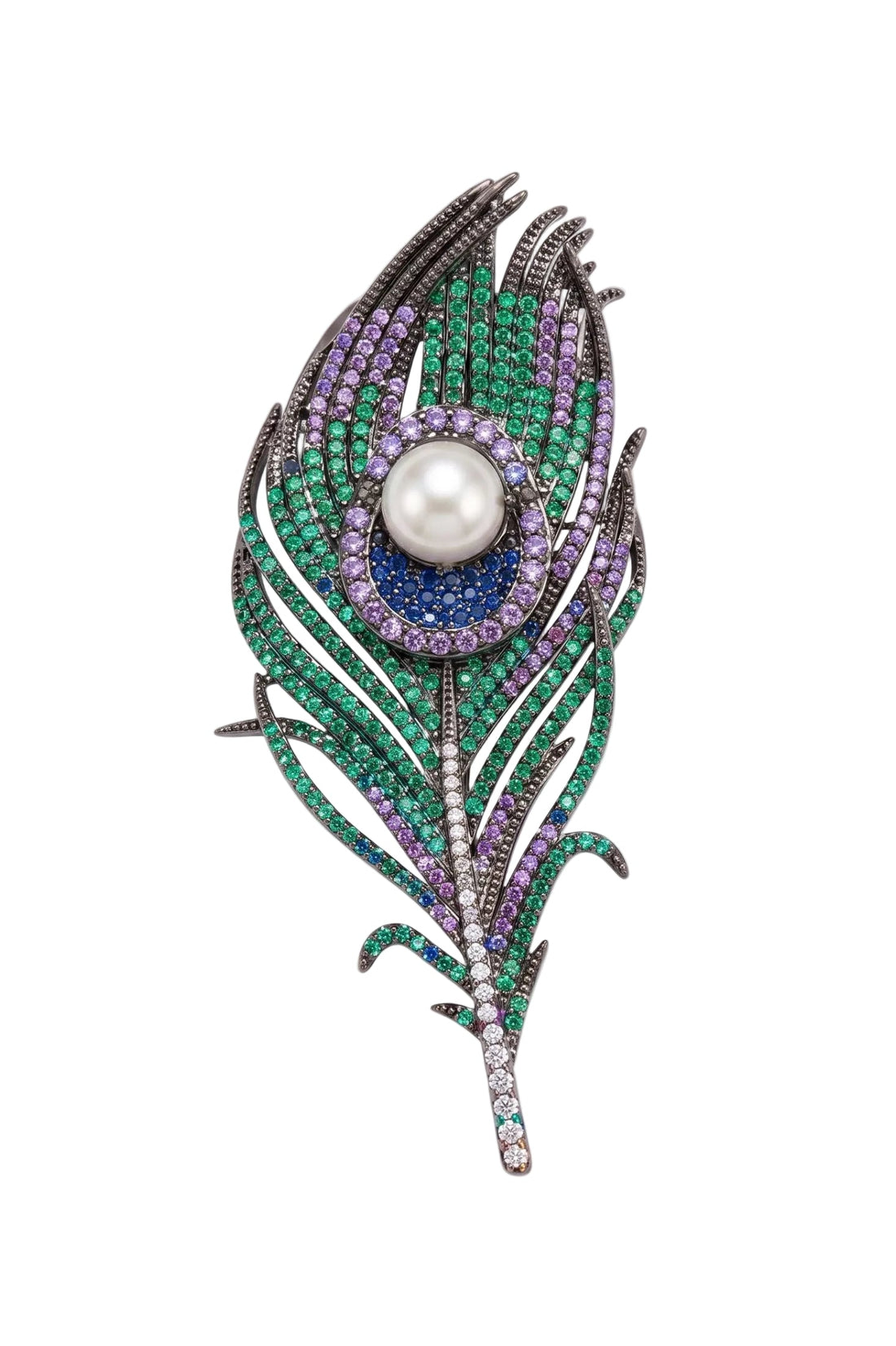 Peacock feather pearl brooch with green and purple rhinestone teardrop and white center pearl