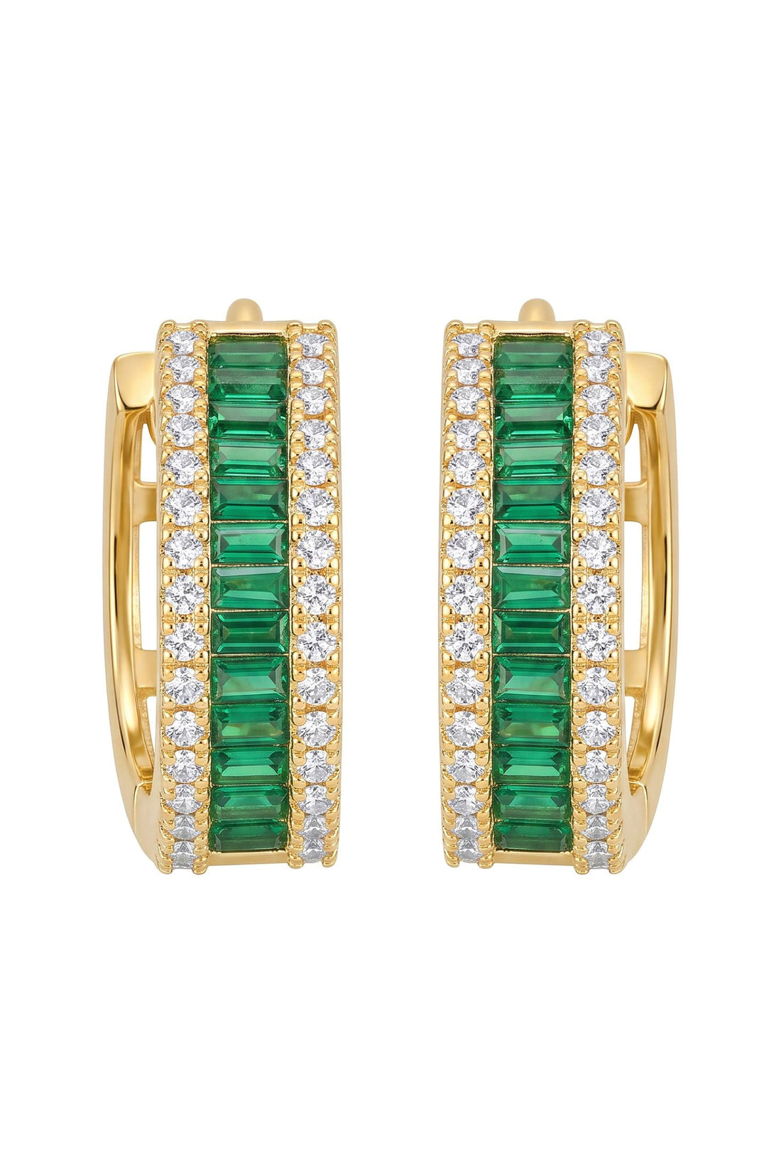 Gold huggie hoop earrings featuring emerald green baguette center and crystal border