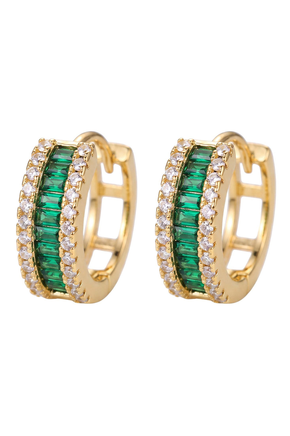 Gold huggie hoop earrings with emerald green baguette stones and clear crystal accents