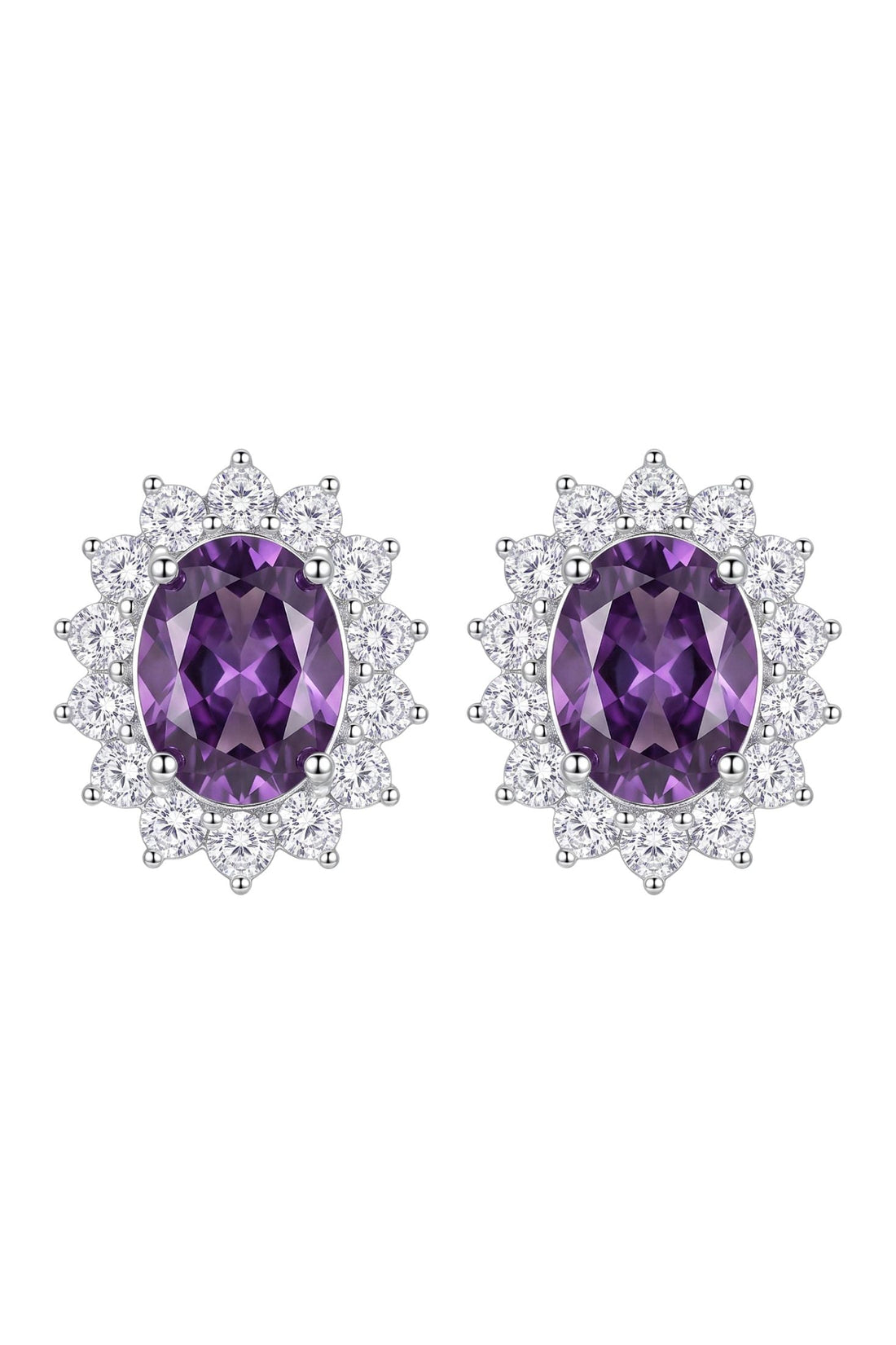 Amethyst gemstone stud earrings with silver halo and clear crystal accents