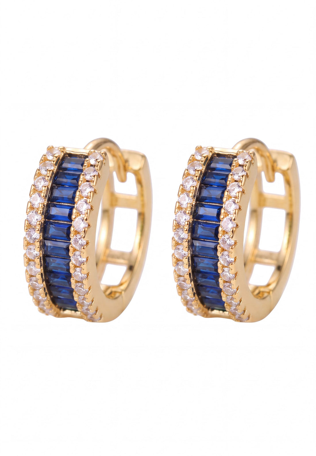 Baguette huggie hoop earrings with sapphire blue stones and gold finish
