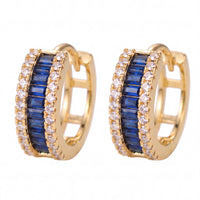 Baguette huggie hoop earrings with sapphire blue stones and gold finish